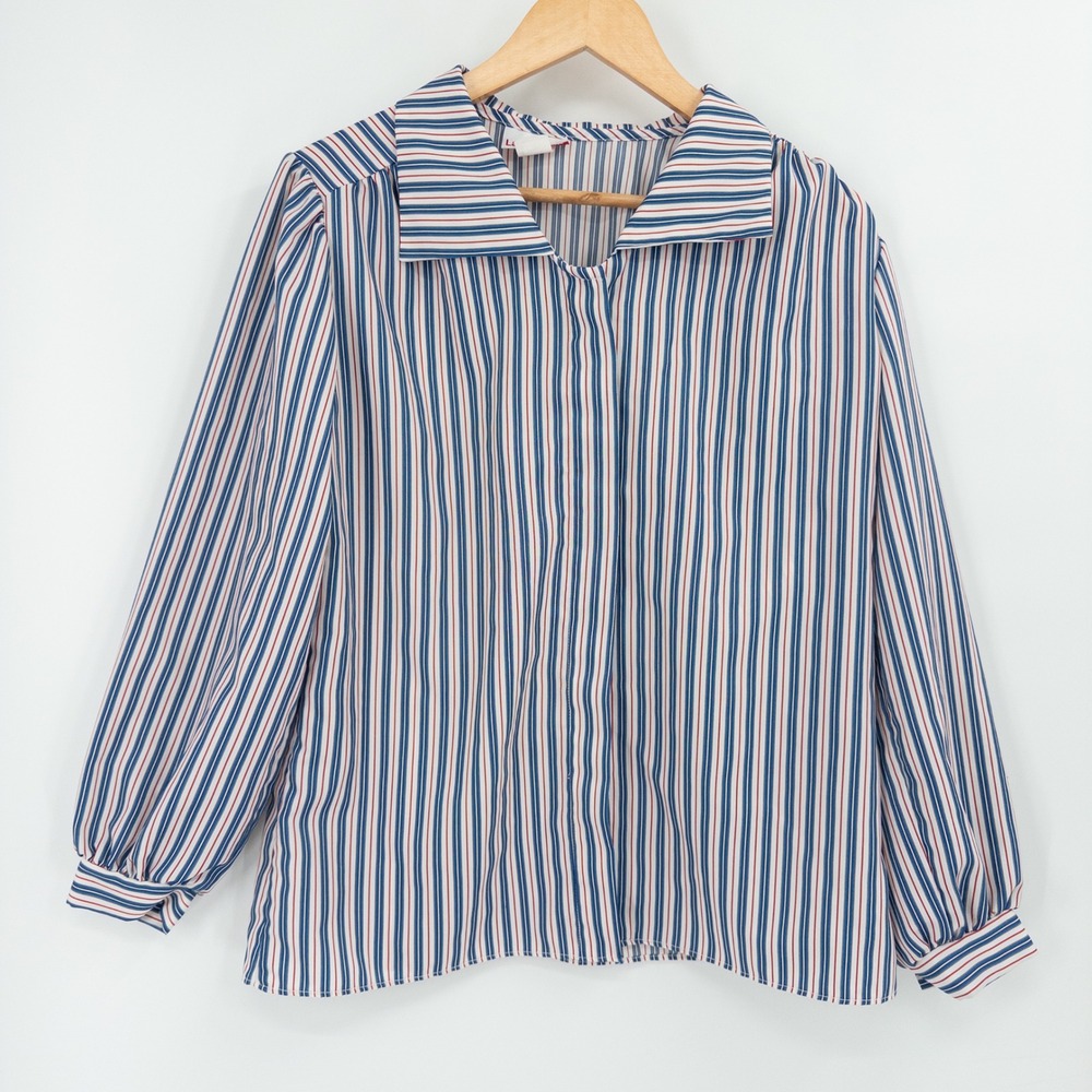 Vintage 70s Blouse Women 14 Blue Red White Mod Retro Striped Button Up Disco